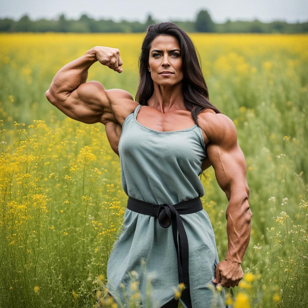 Muscular Persian Woman Flexing Biceps in Meadow