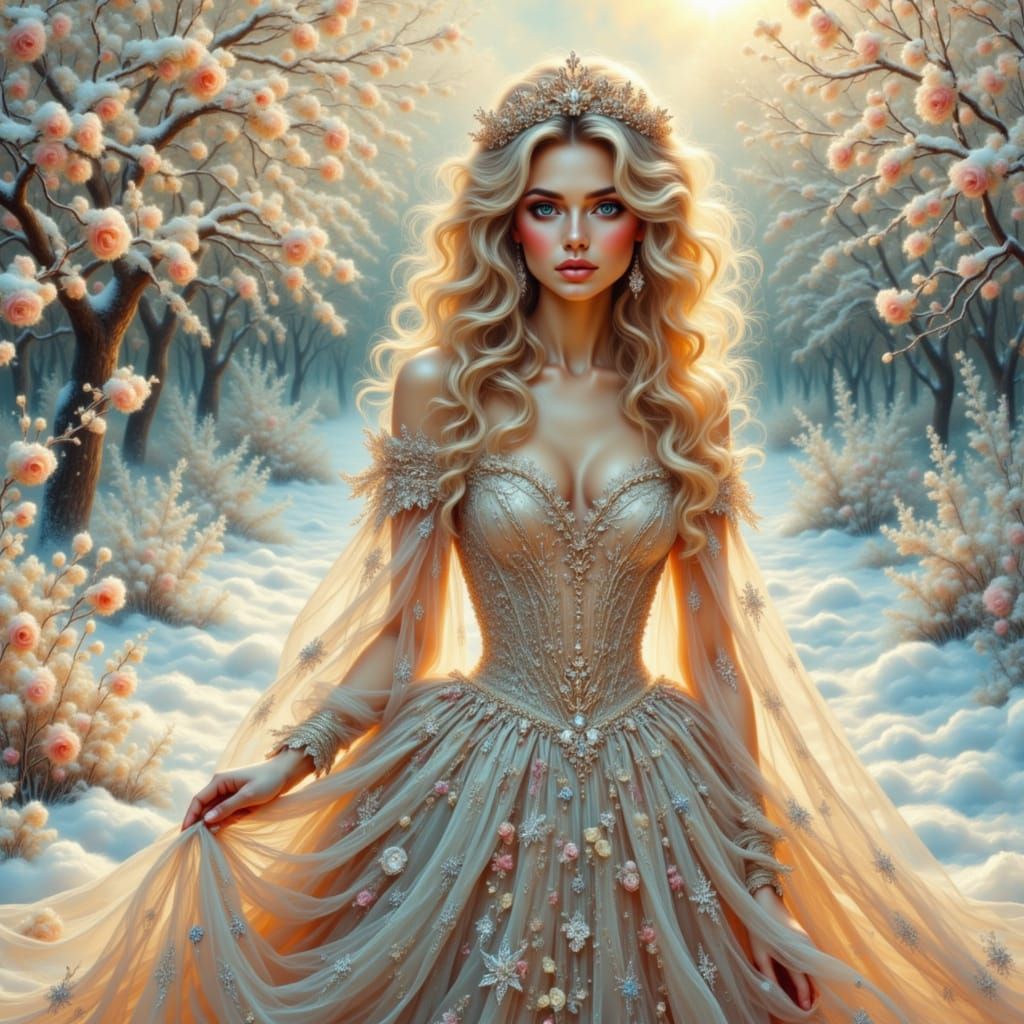 Tsarina in Crystal Gown: Ethereal Snow Landscape