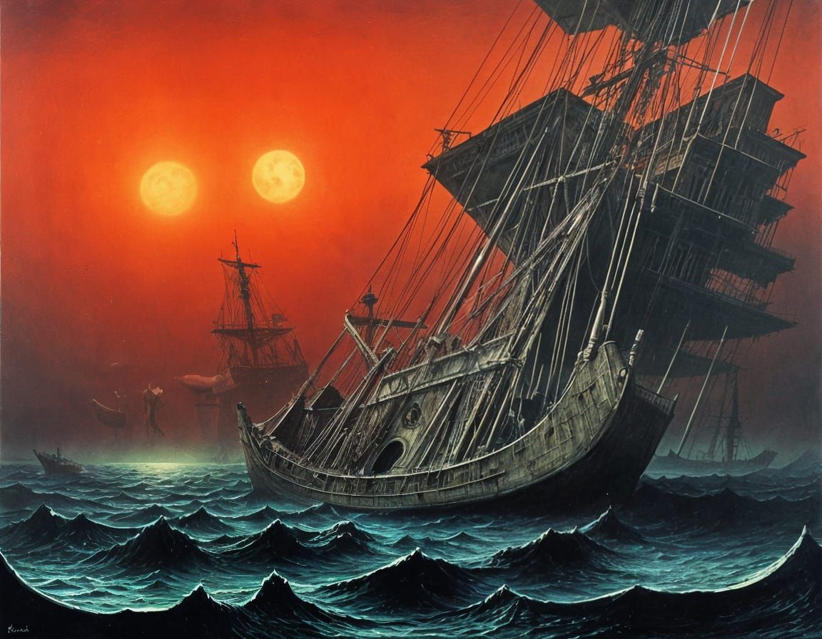 Ghost Ships in the Night: Surrealist Beksinski Style
