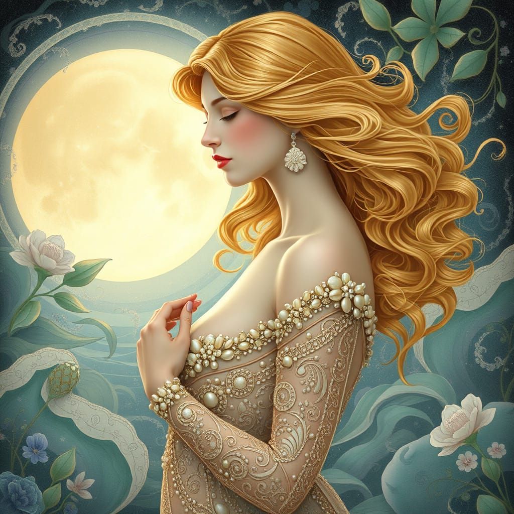 Ethereal Art Nouveau Siren in Shimmering Moonlit Waves