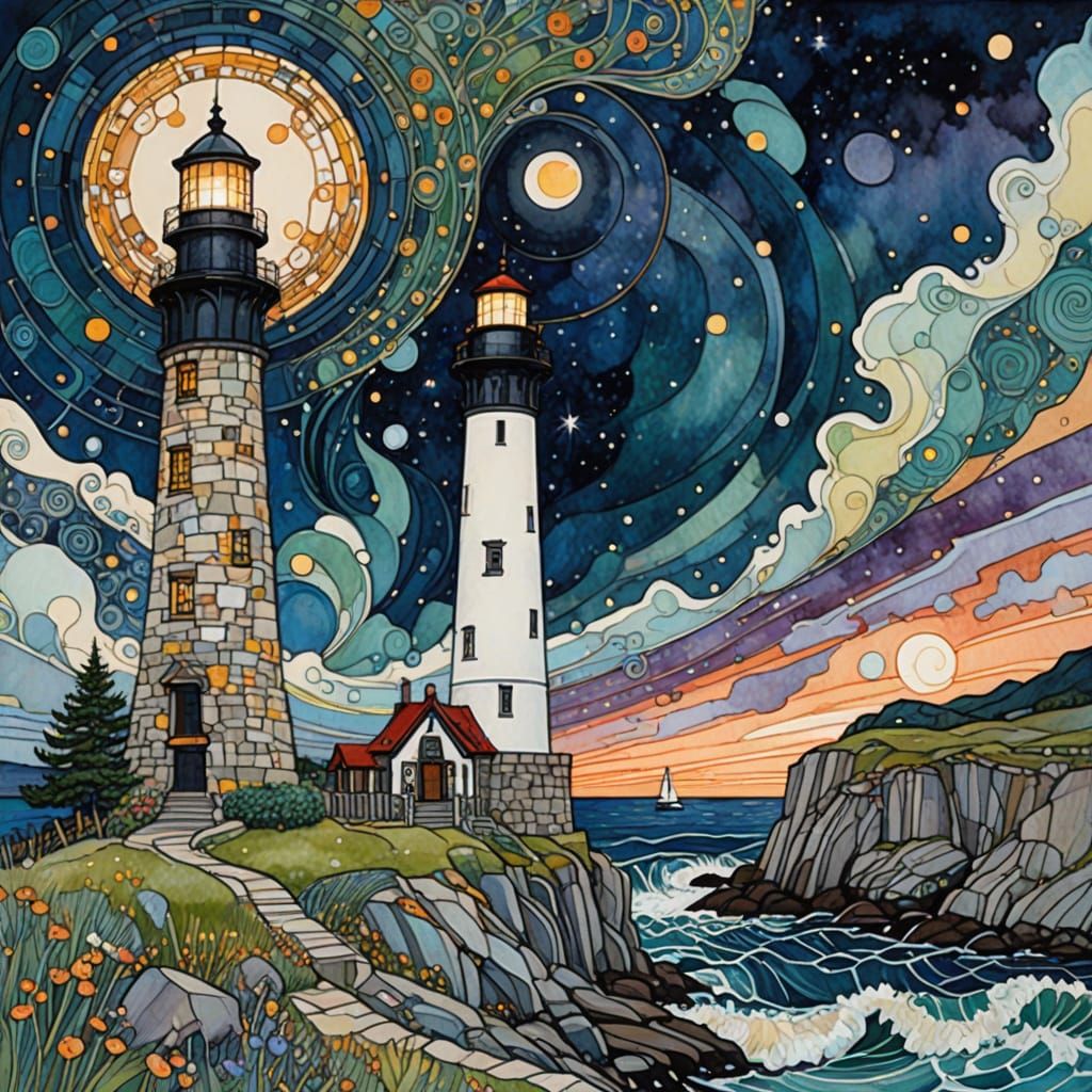 Lighthouse Duality: Day and Night in Art Nouveau Style