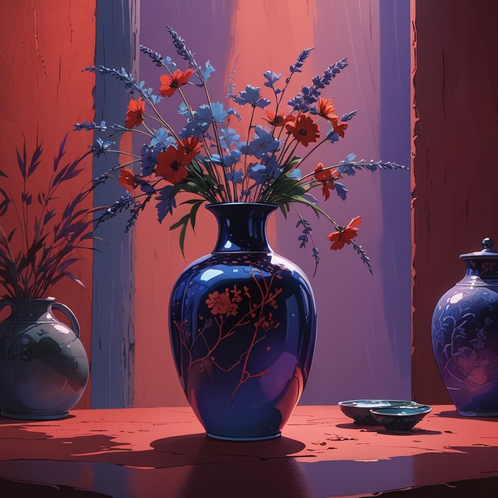 Blue Vase in Scarlet and Purple Anime Style
