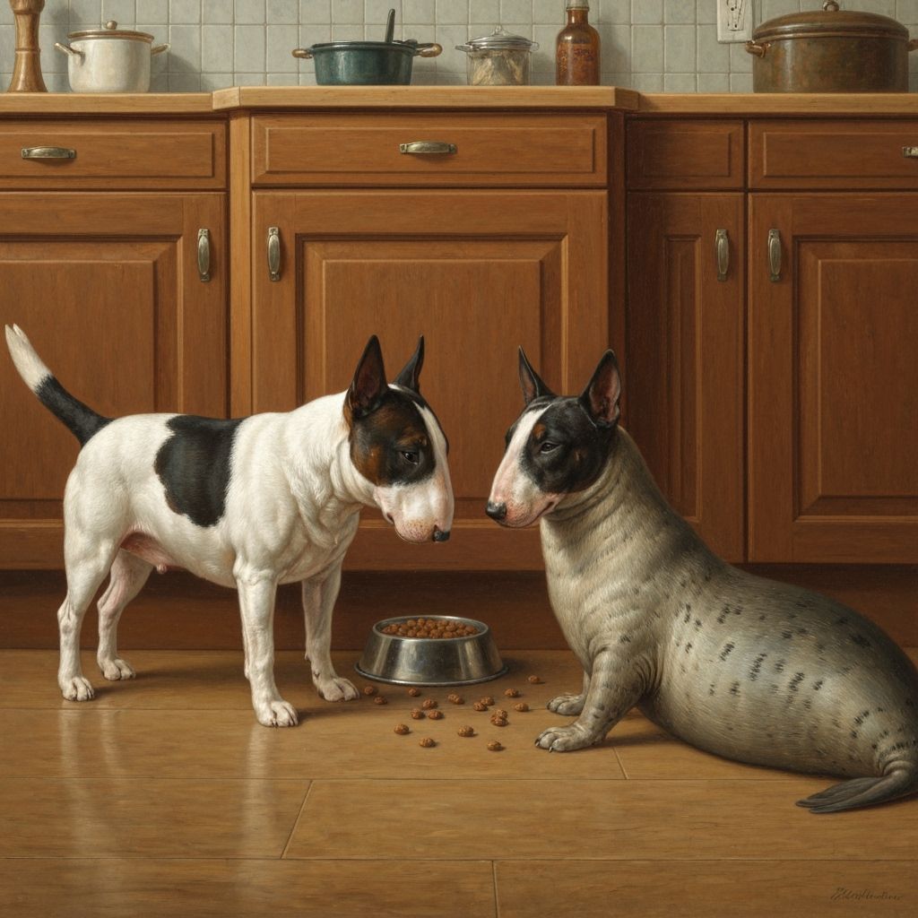Classical Oil Painting of Dogs and Seal at Food Bowl