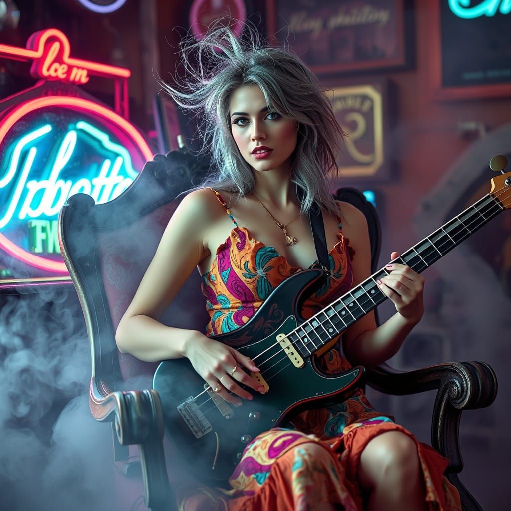 Woman with Bass Guitar in Neon Smoke
