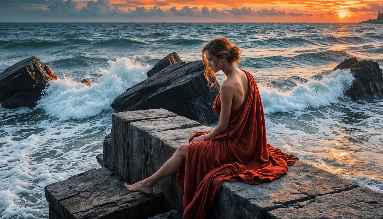 Young Woman on Breakwater at Sunset, Renaissance Style