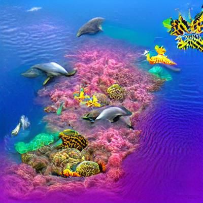 Colorful Coral Reef with Dolphins and Turtles