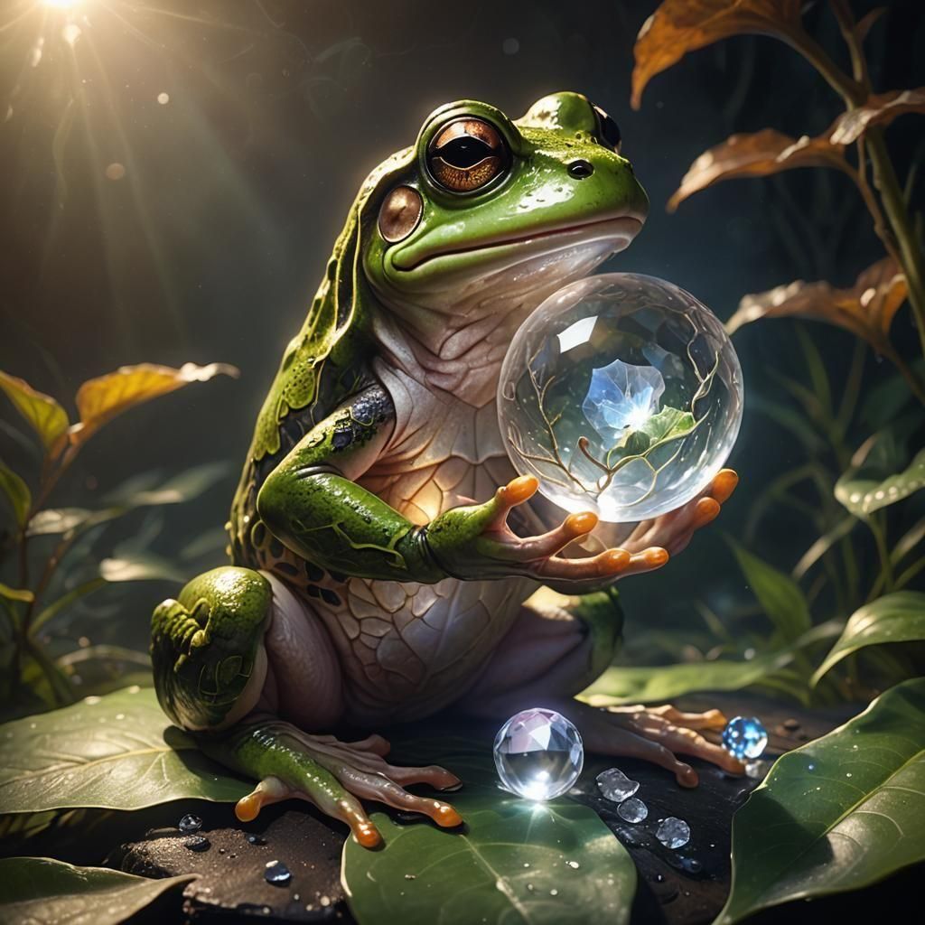 Frog Gazing into Crystal Ball on Leaf