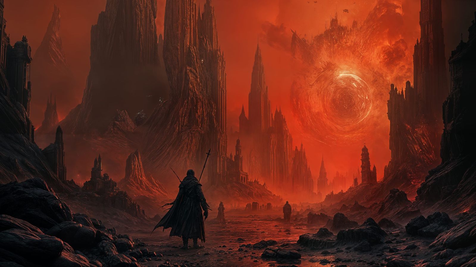 Dark Fantasy Battlefield Concept Art in Red and Black