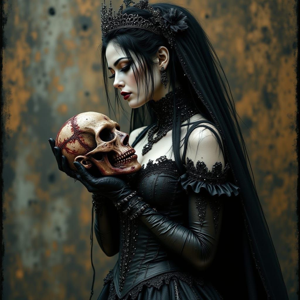 Gothic Woman with Severed Head in Dark Surrealist Style