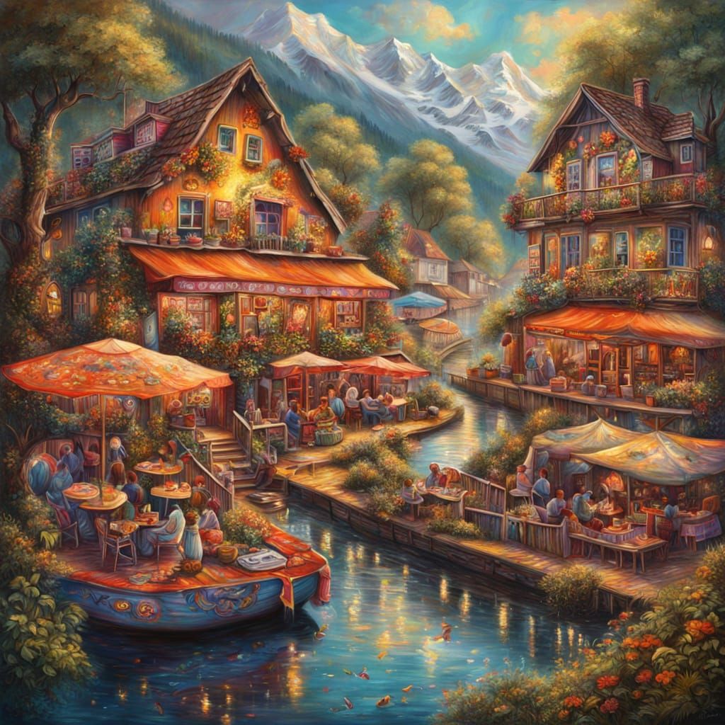 Whimsical Alpine Café in Vibrant Oil Painting