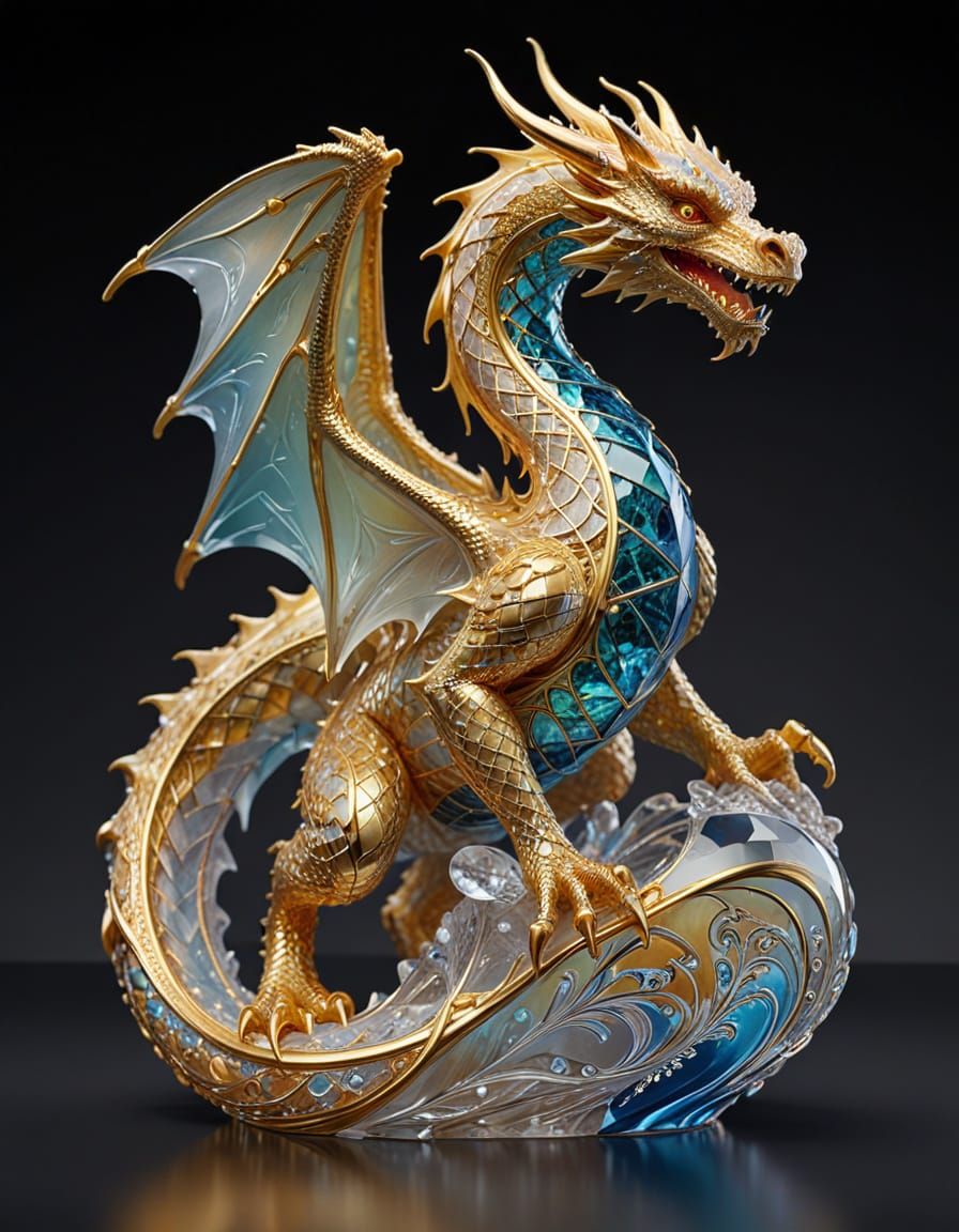 Crystal Dragon Sculpture in Opulent Art Nouveau Style