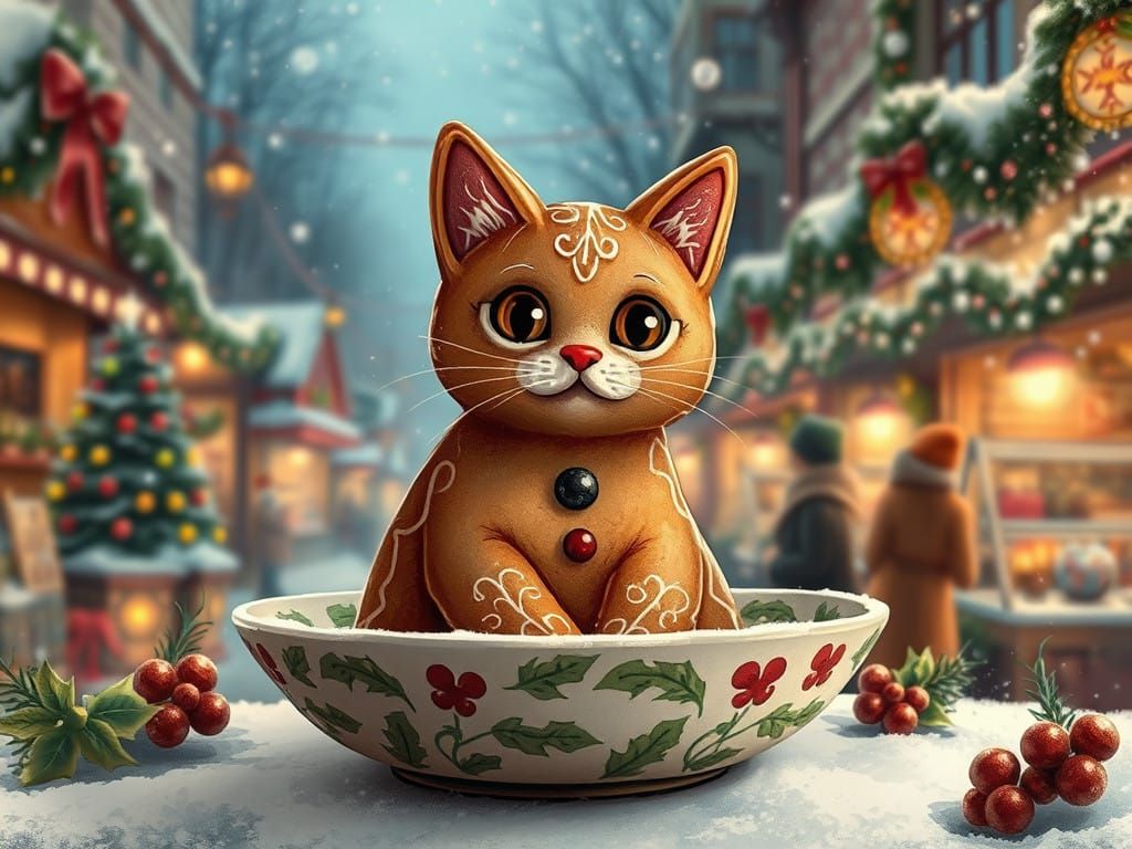 Whimsical Gingerbread Cat in a Festive Christmas Market Scen...