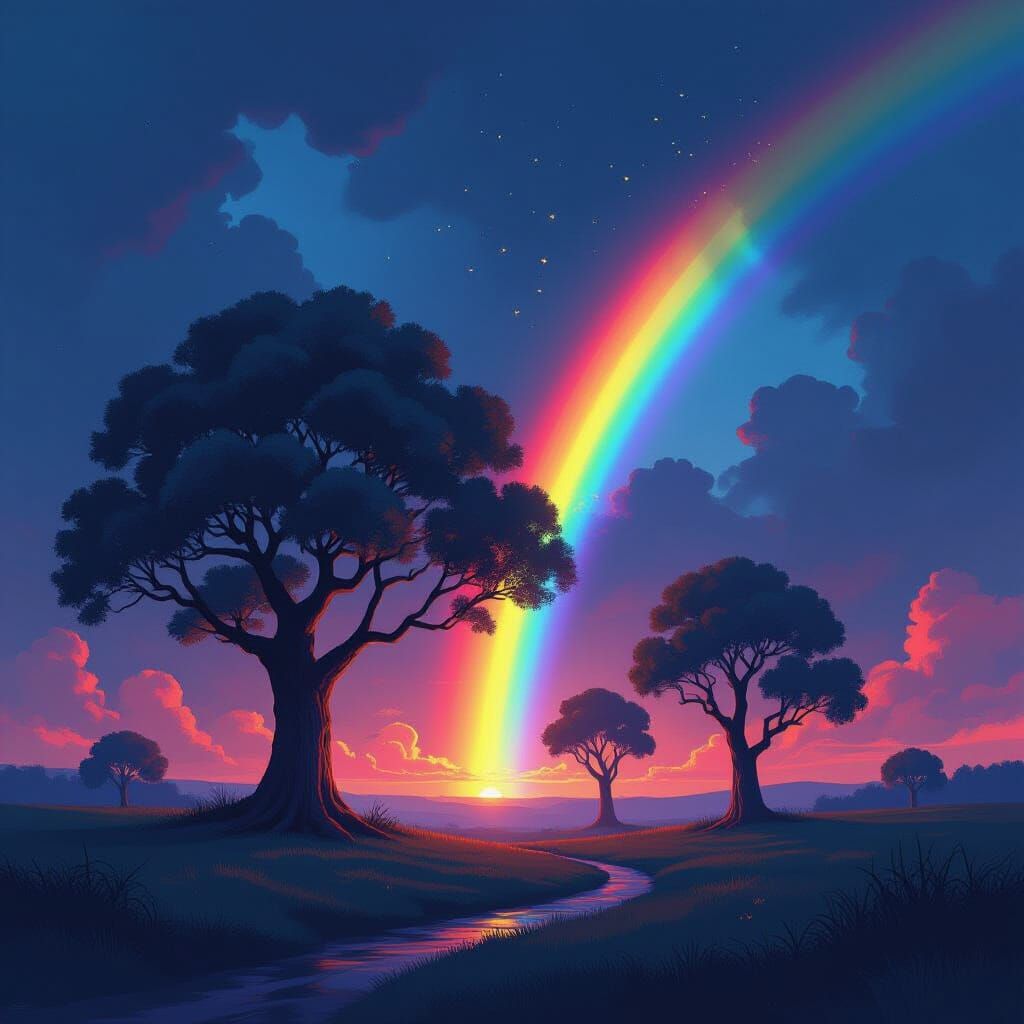 Mysterious Trees Under Rainbow Sky: Dreamy Art