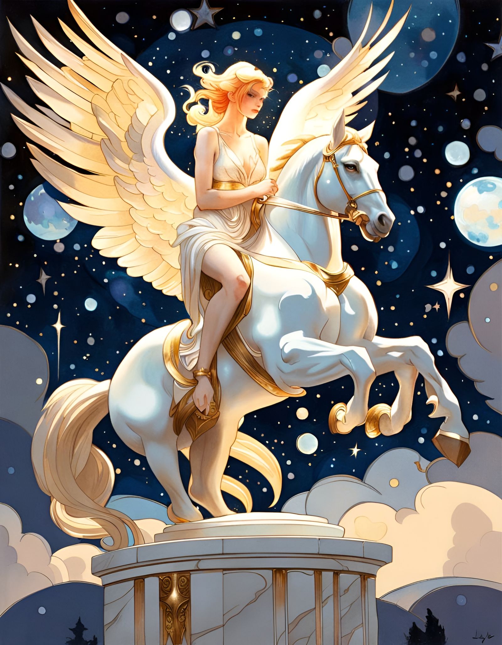 Marble Pegasus Statue under Starry Moonlight