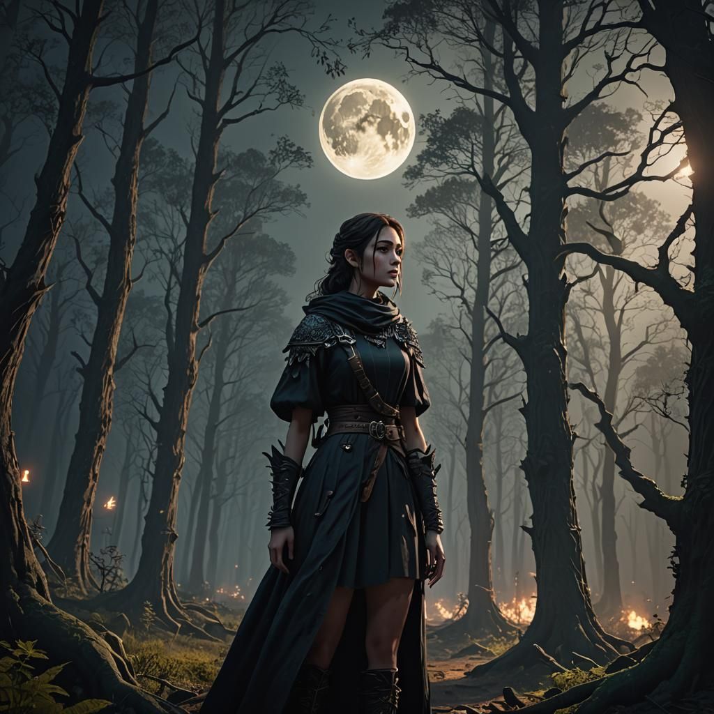 Lonely Girl in Dark Forest: Detailed Matte Painting