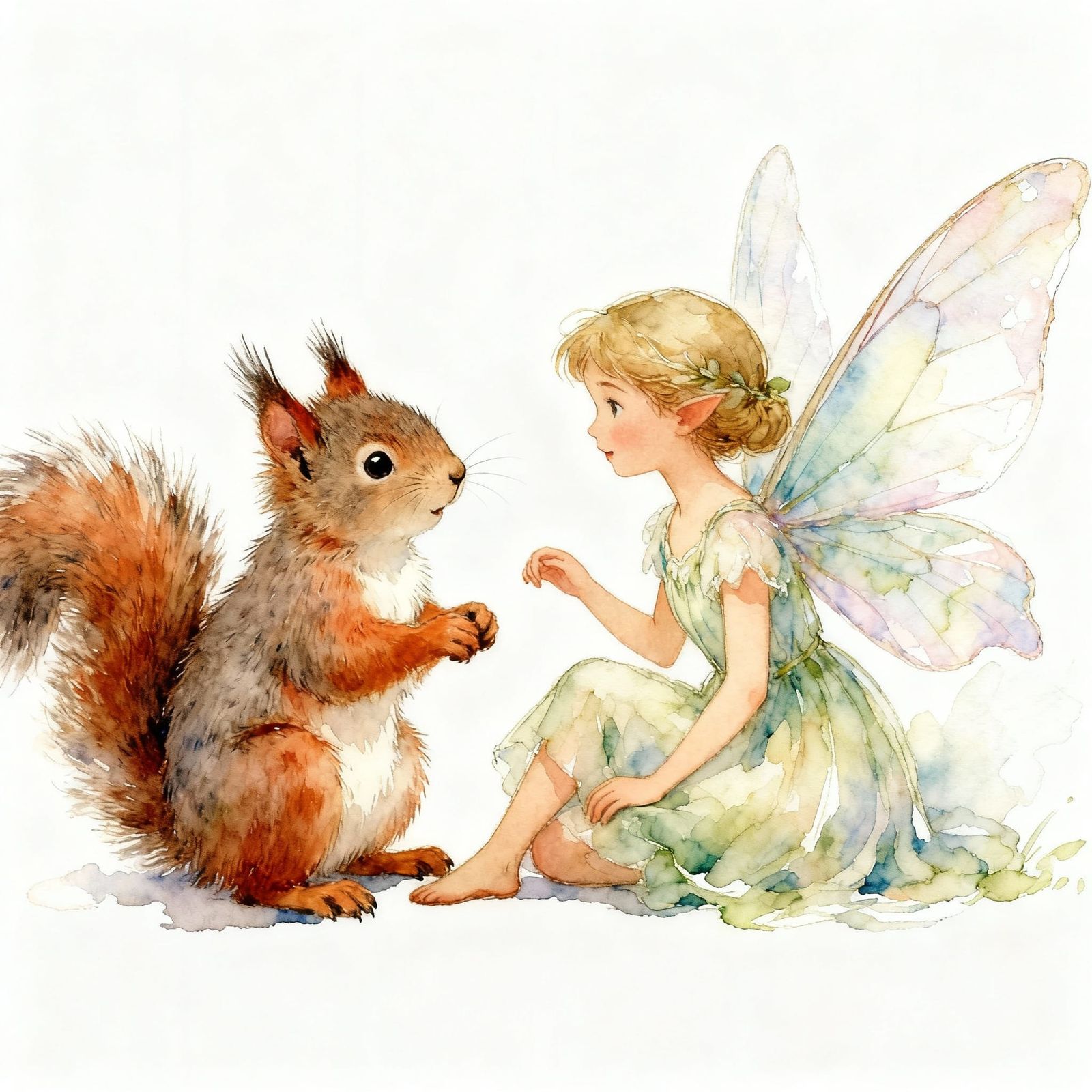 Cute Fairy With Baby Squirrel, Soft Watercolor Art