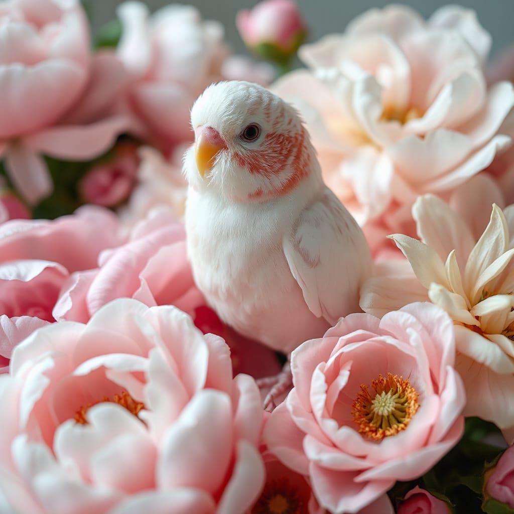 Pink Budgerigar on Peonies, Ethereal Lighting