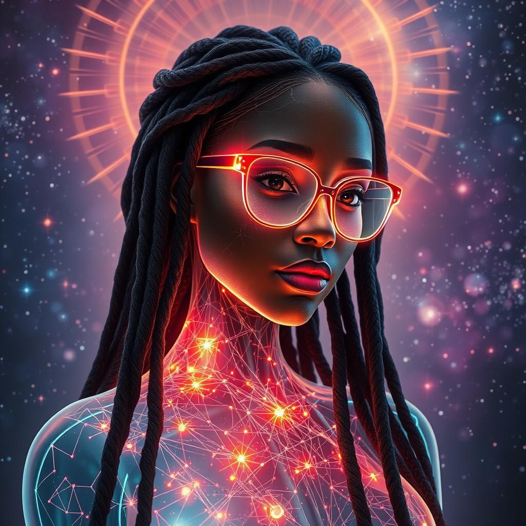 Ethereal Woman in Neon Glasses: Digital Fantasy Art
