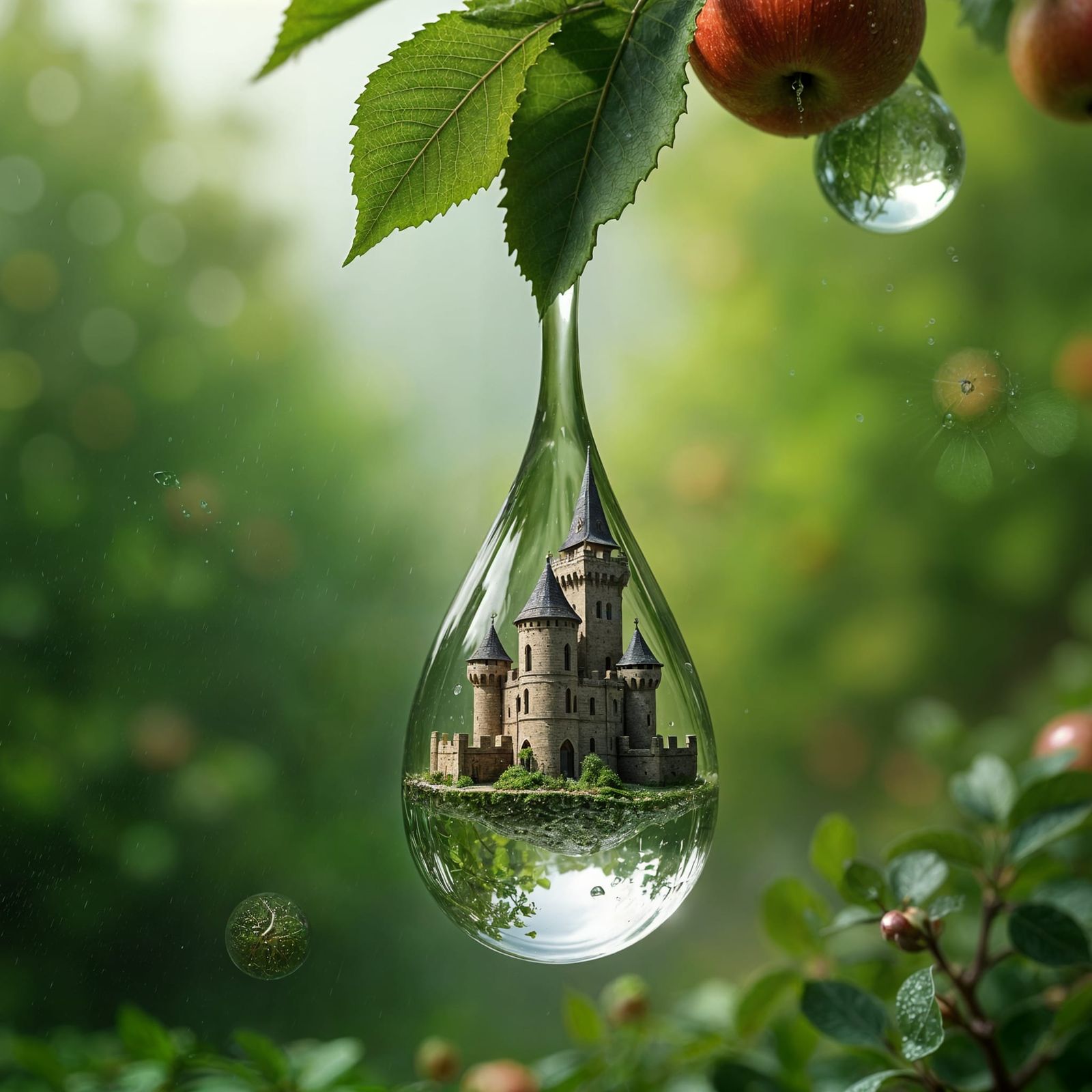 Medieval Castle Inside Raindrop Macro Photograph