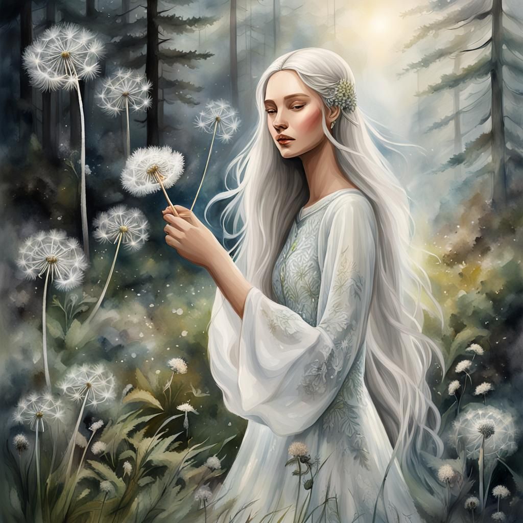 Watercolor Woman with Dandelion in Foggy Forest