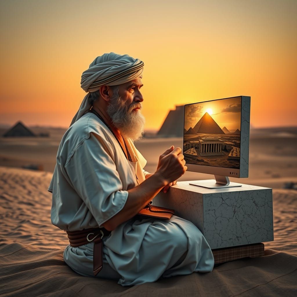 Ancient Scribe Carving Hieroglyphs on Stone Laptop