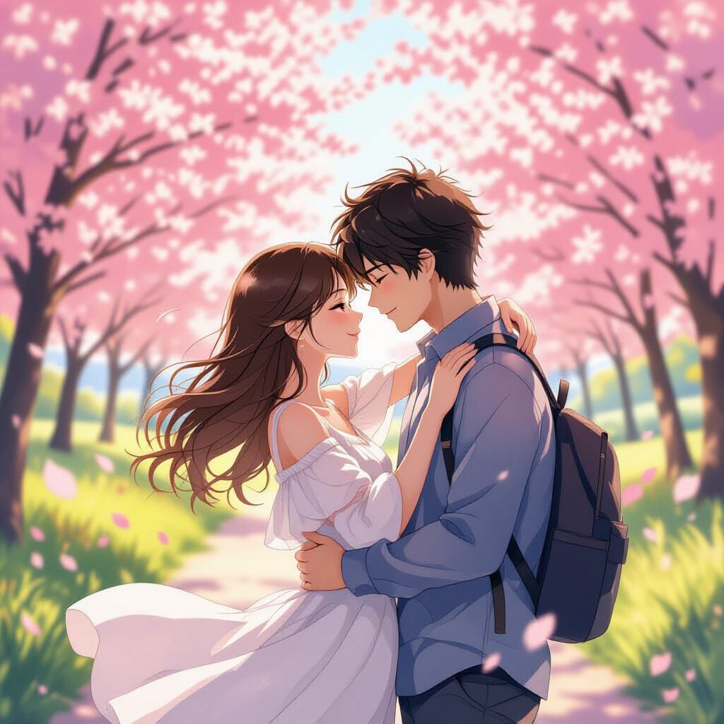 Romantic Embrace in Cherry Blossom Garden: Anime Style
