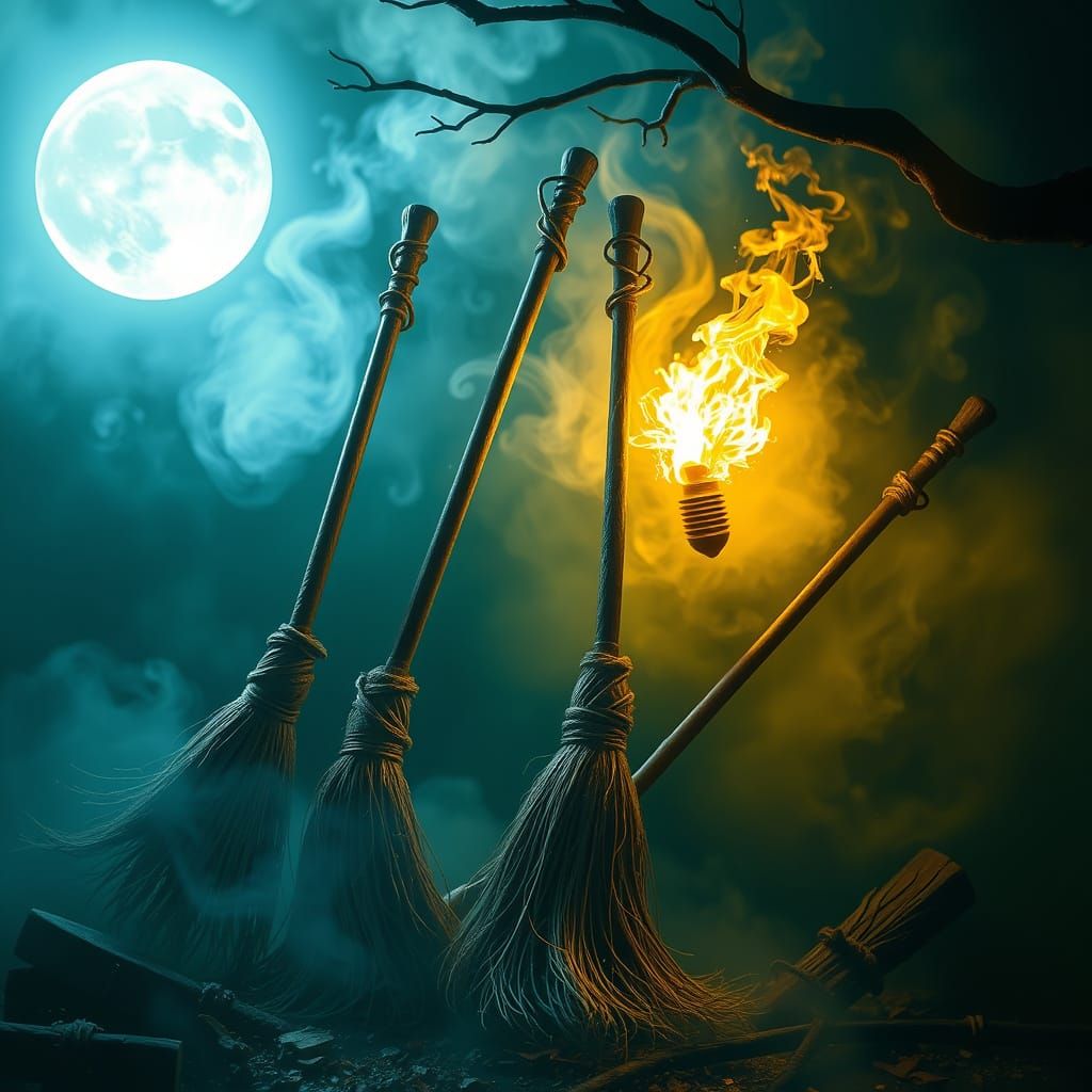 Enchanted Brooms Flying in a Magical Night Sky
