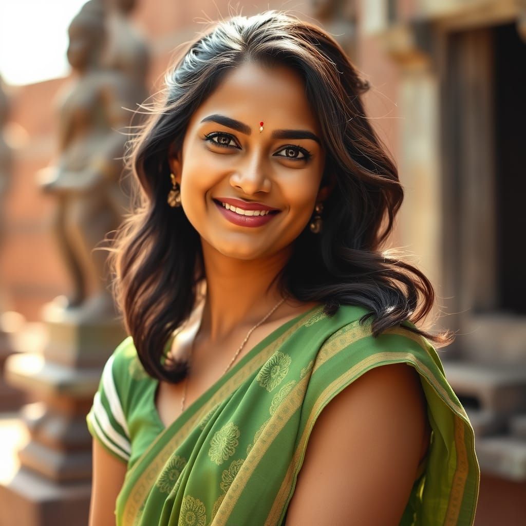 Gentle Woman in Vibrant Green Saree with Chic White Stripes