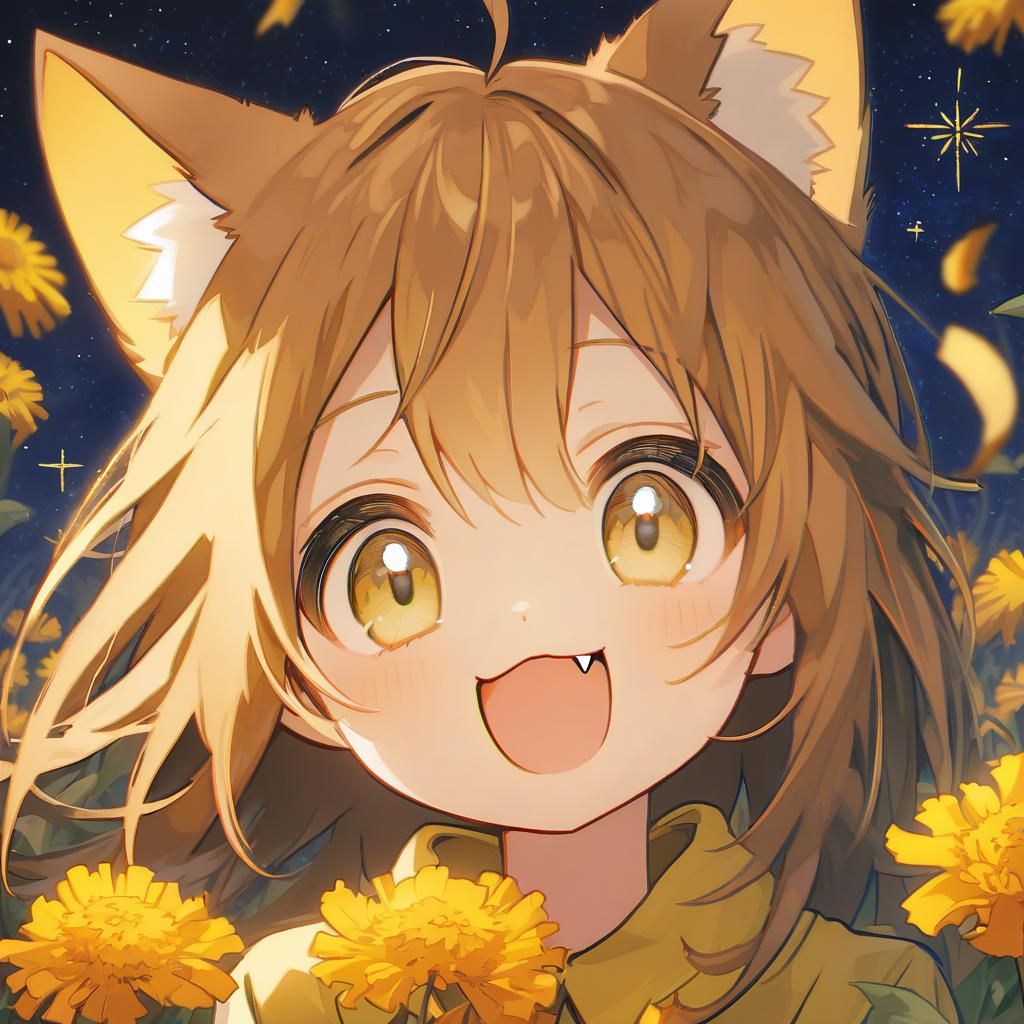 Cute Catgirl with Marigolds in Starry Night