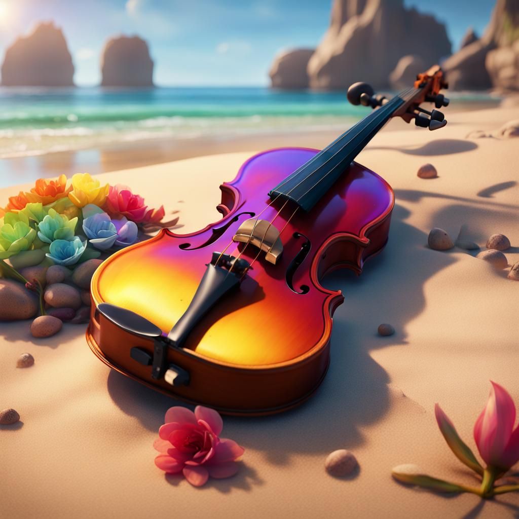 Rainbow Bloom Violin on a Beach in Watercolor Style