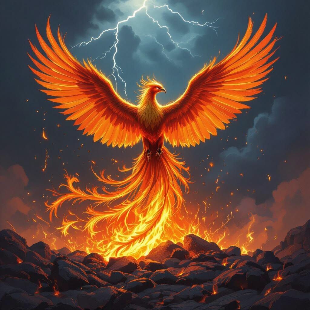 Majestic Phoenix Rises from Embers in Fiery Fantasy Art