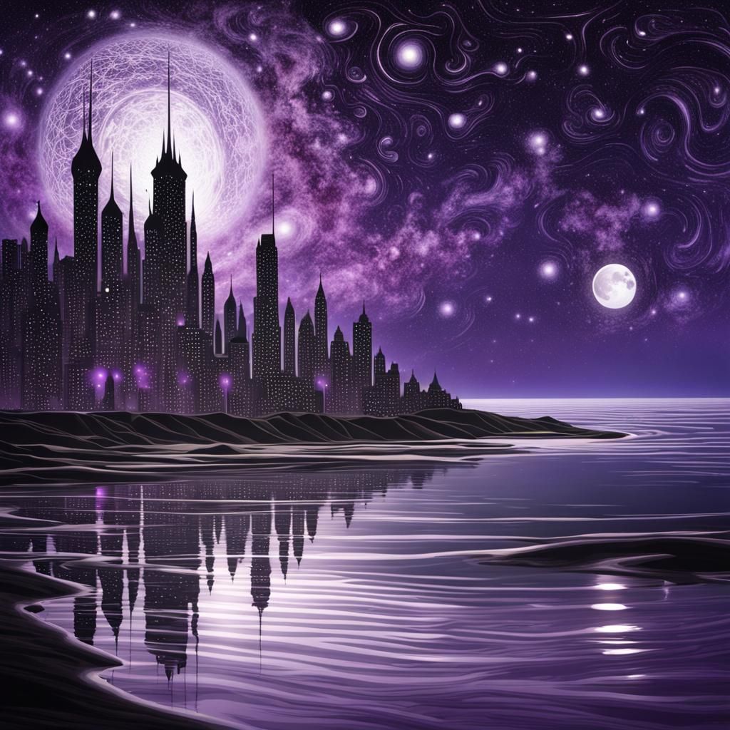Detailed Cosmic City Reflecting on Starry Beach