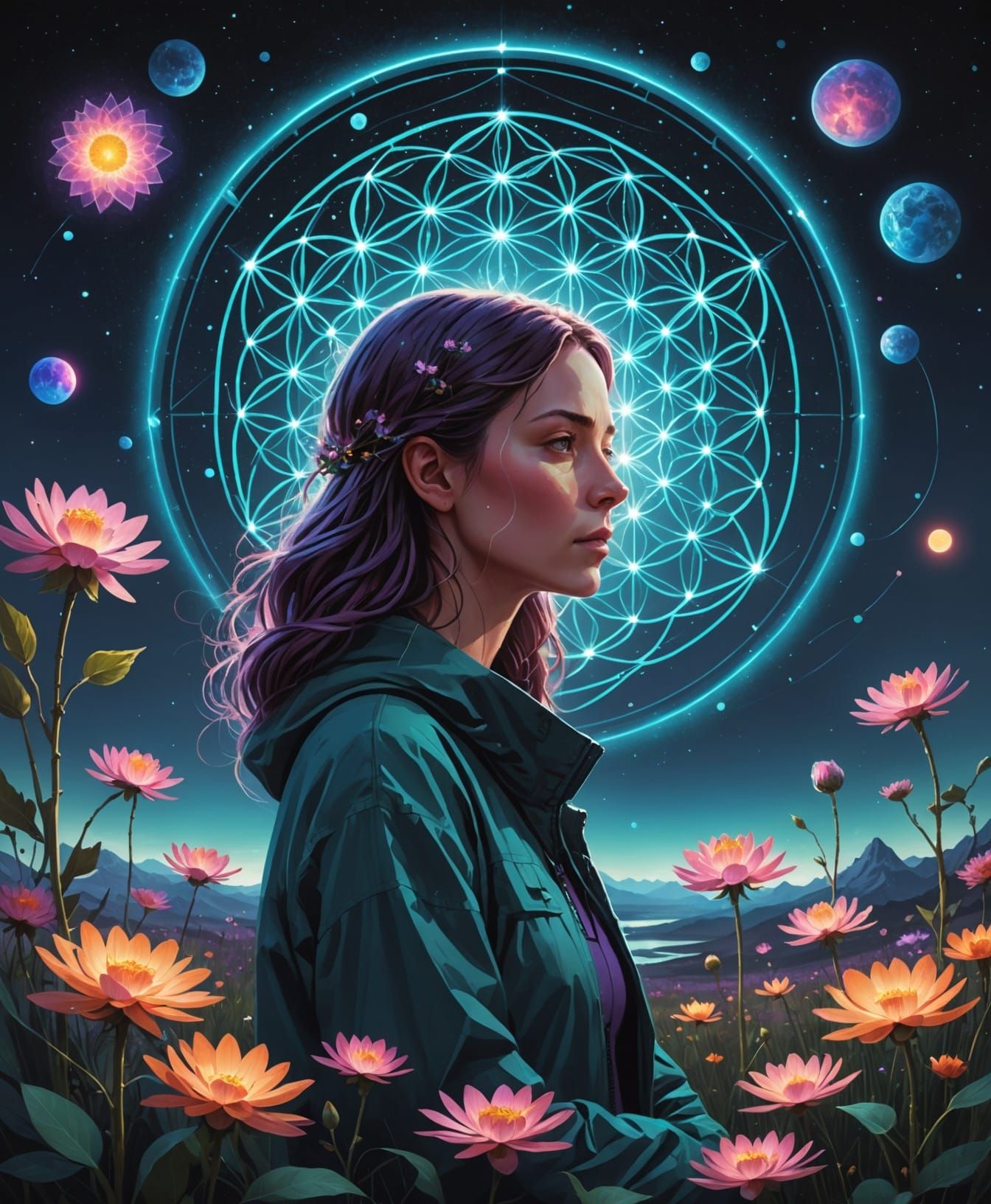 Woman Contemplating Flower of Life in Dreamy Cosmos