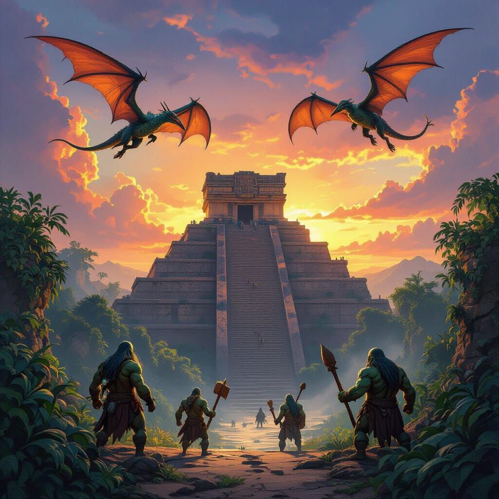 Aztec Temple with Pterodactyls and Trolls at Sunset