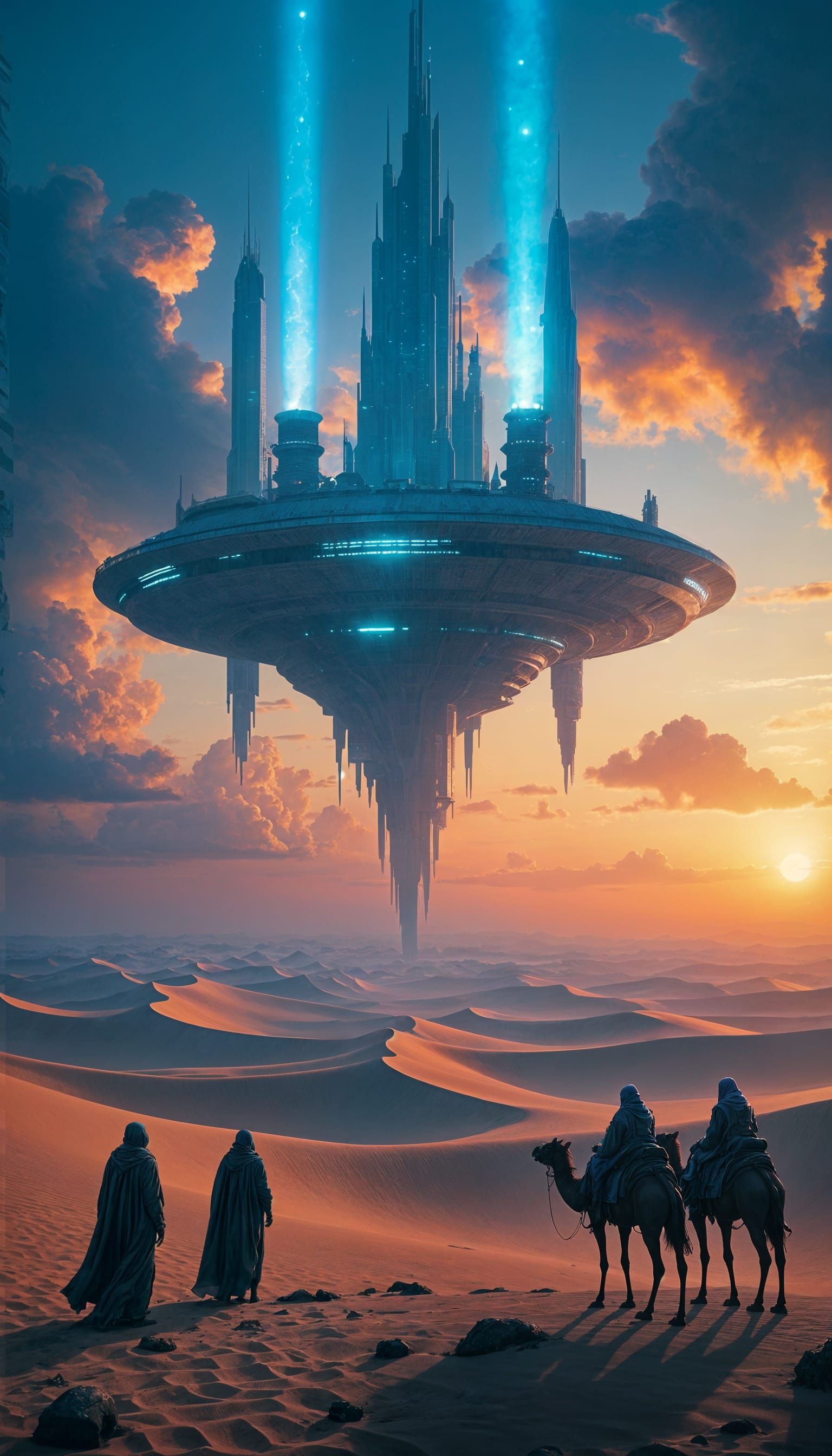 Cyberpunk Metropolis Hovering Above Desert Dunes