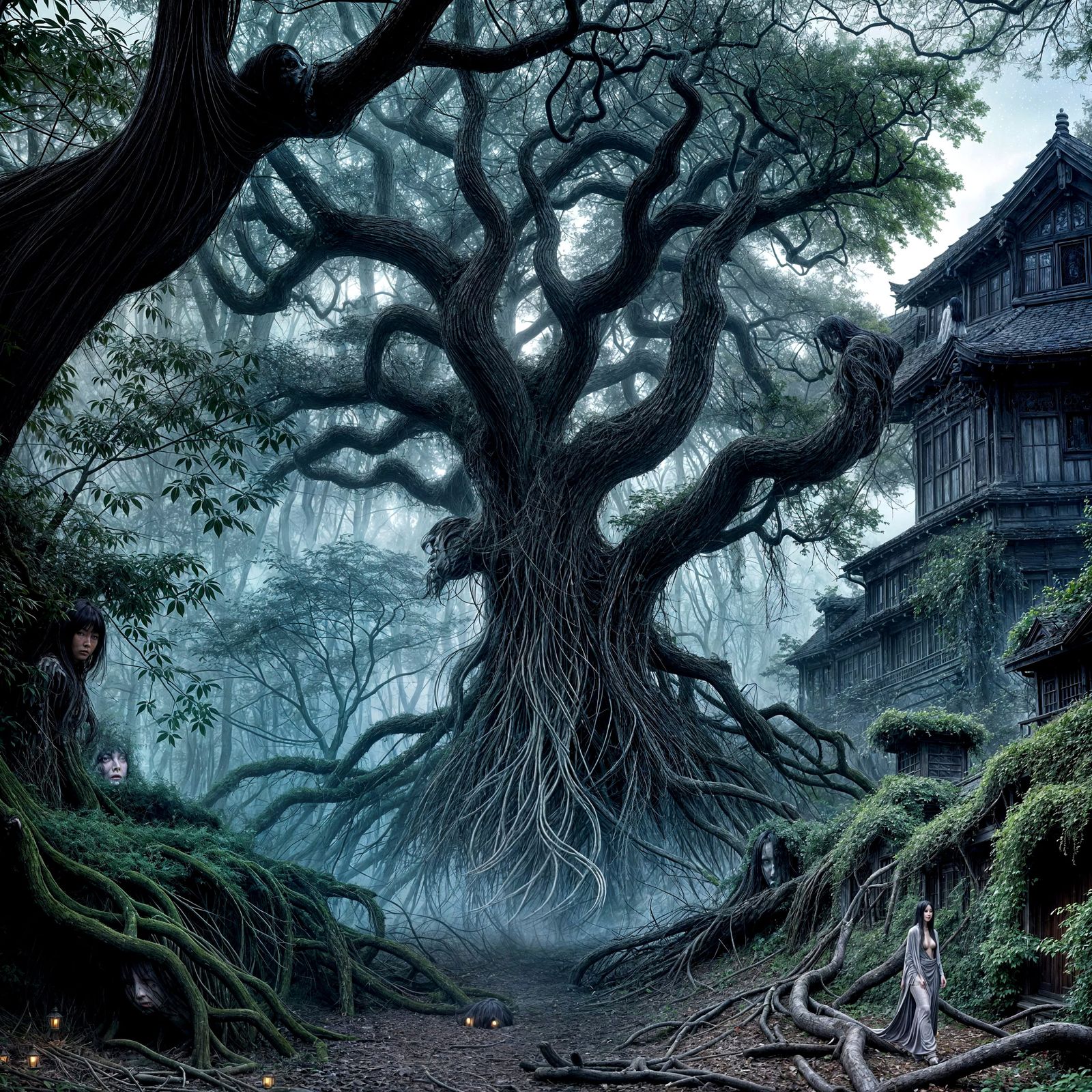 Sadako-Style Ghost in Haunted Garden, Giger-Inspired