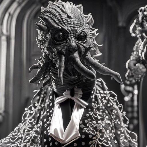 Creature from the black lagoon at an elegant party