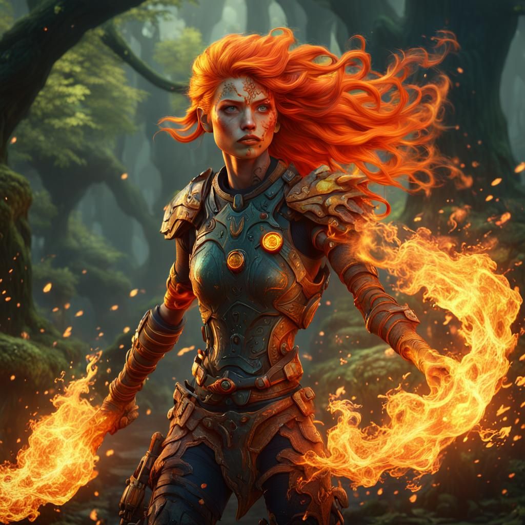 Flaming Dryad with Flamethrower: Fantasy Concept Art
