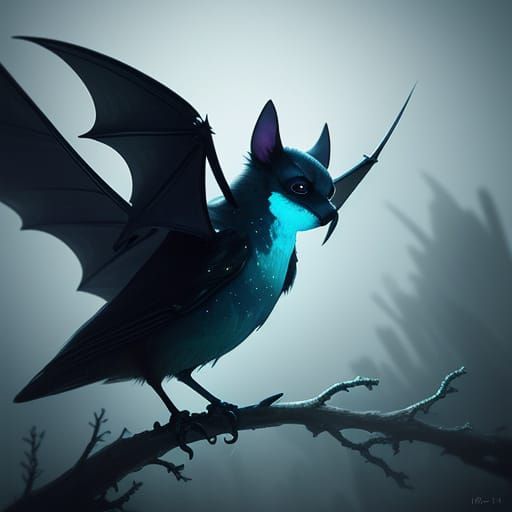 Moonlit Bat Perched on a Glowing Mushroom