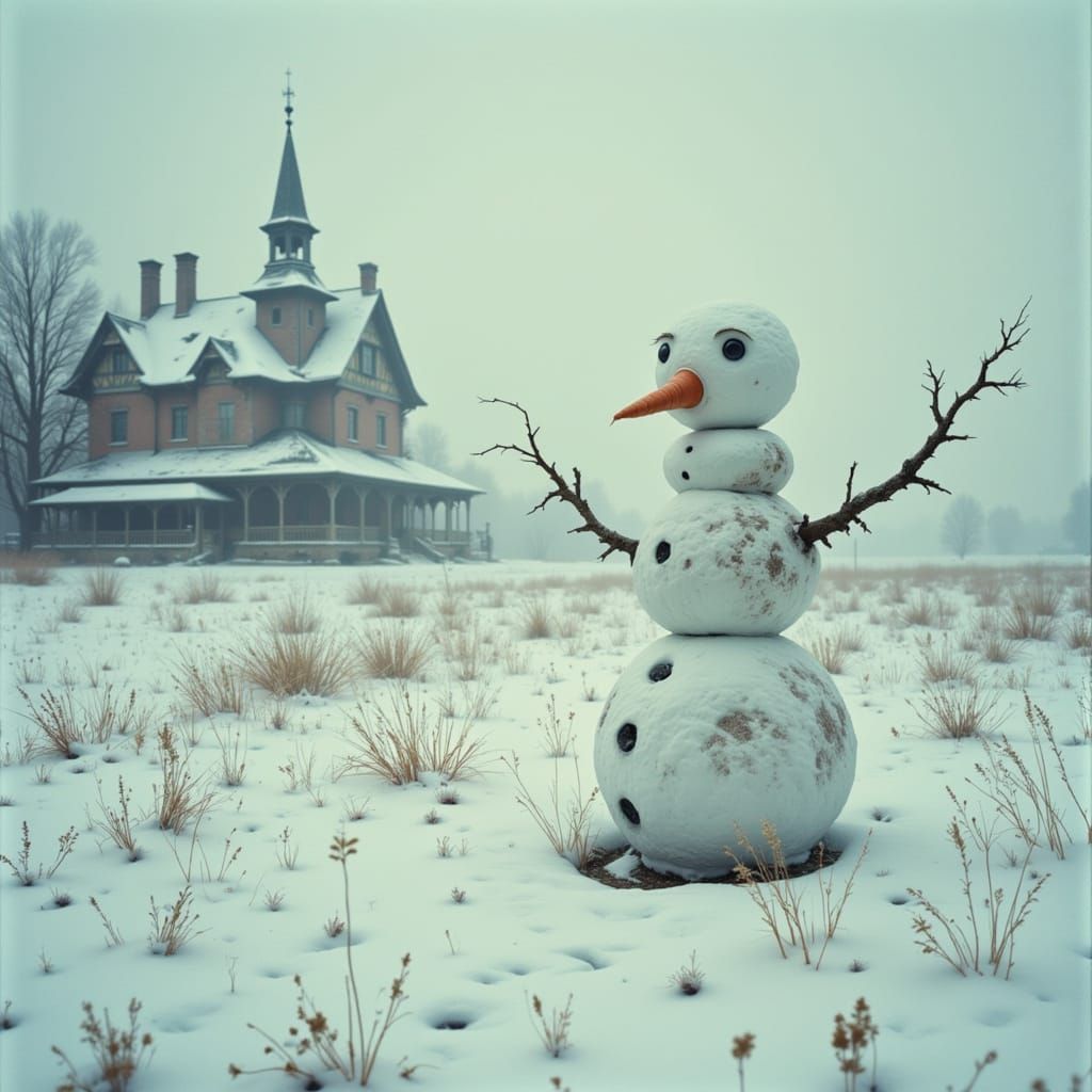 Snowman at Nostalgic Train Station in Cinematic Style
