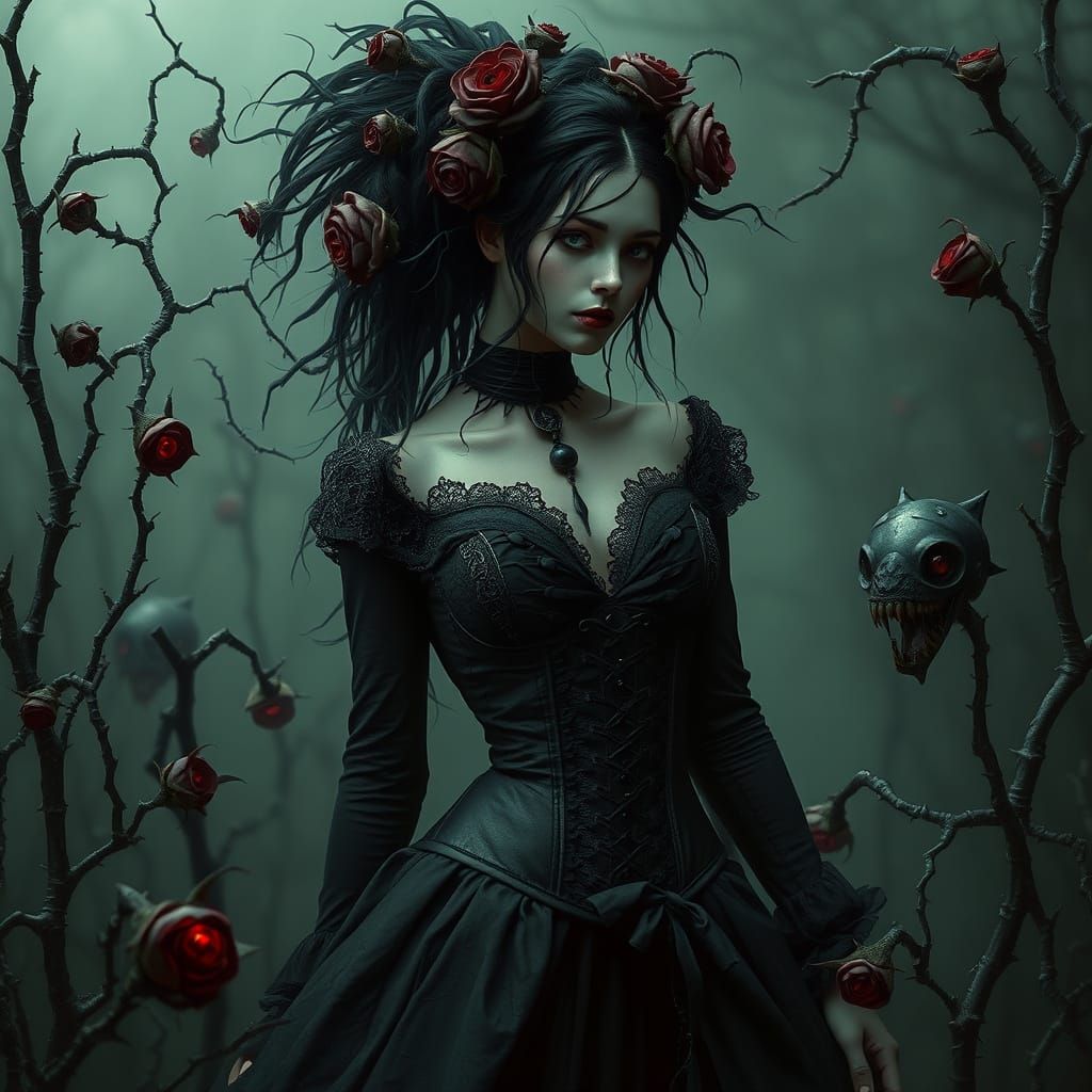 Eldritch Woman in Mist-Shrouded Garden