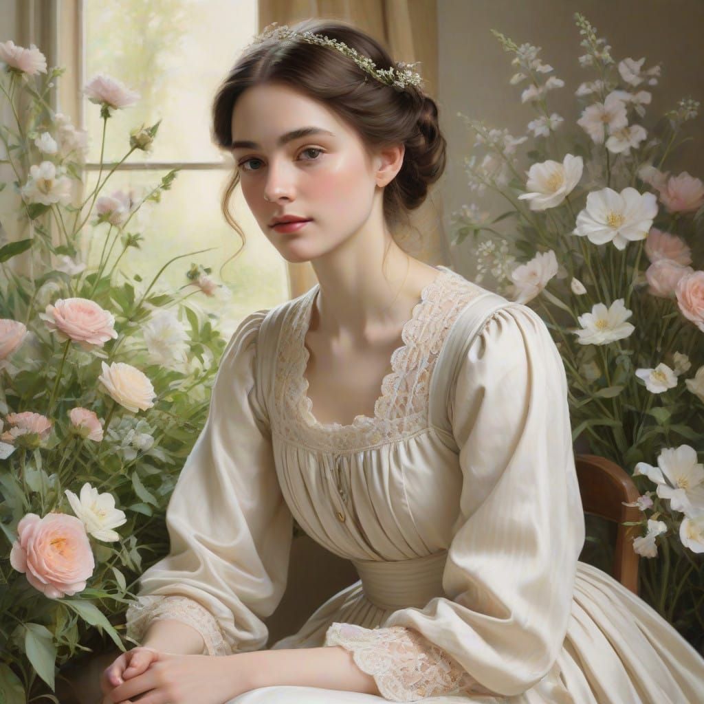 Serene Watercolour Portrait in Whimsical Floral Arrangement