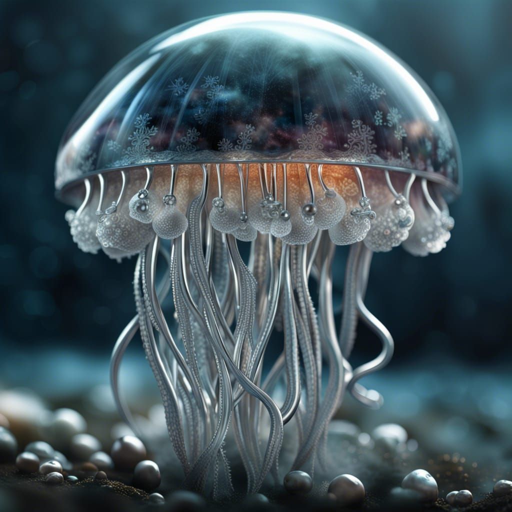 Silver and Glass Jellyfish Brooch: Digital Matte Painting