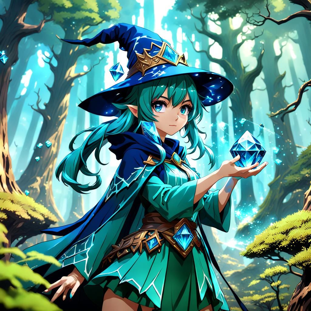 Anime Wizard Girl in Crystal Forest, Detailed Painting