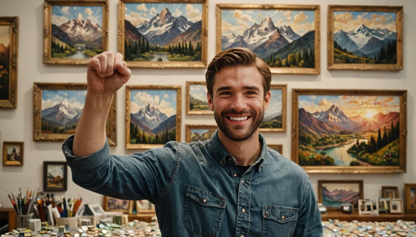 Man with Screwdriver Surrounded by Cash and Art