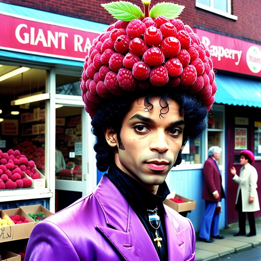 Prince With Raspberry Hat Outside Thrift Store