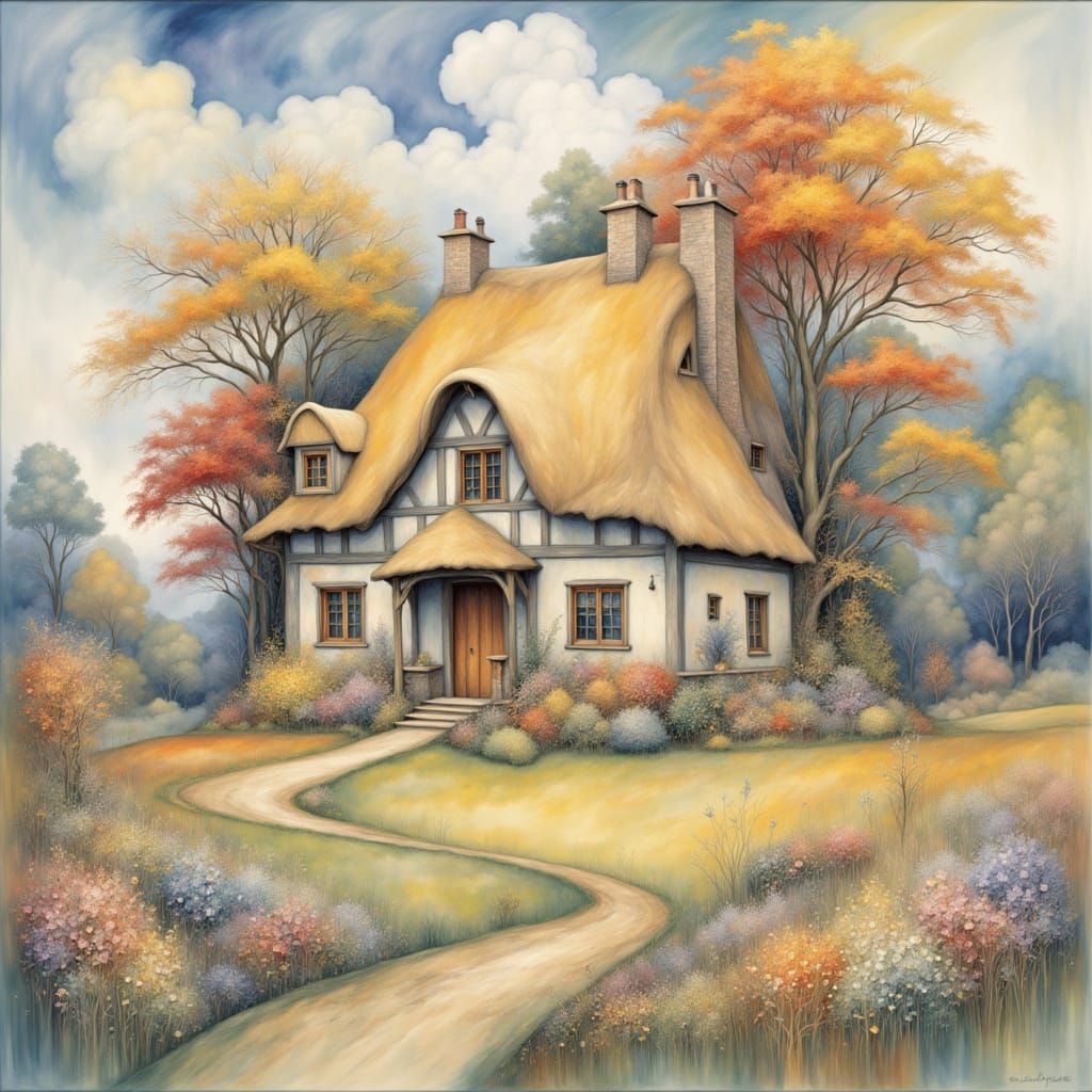 Charming English Cottage in Autumn Garden Watercolor