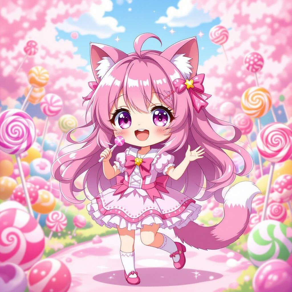 Anime Catgirl in Candy Wonderland Illustration