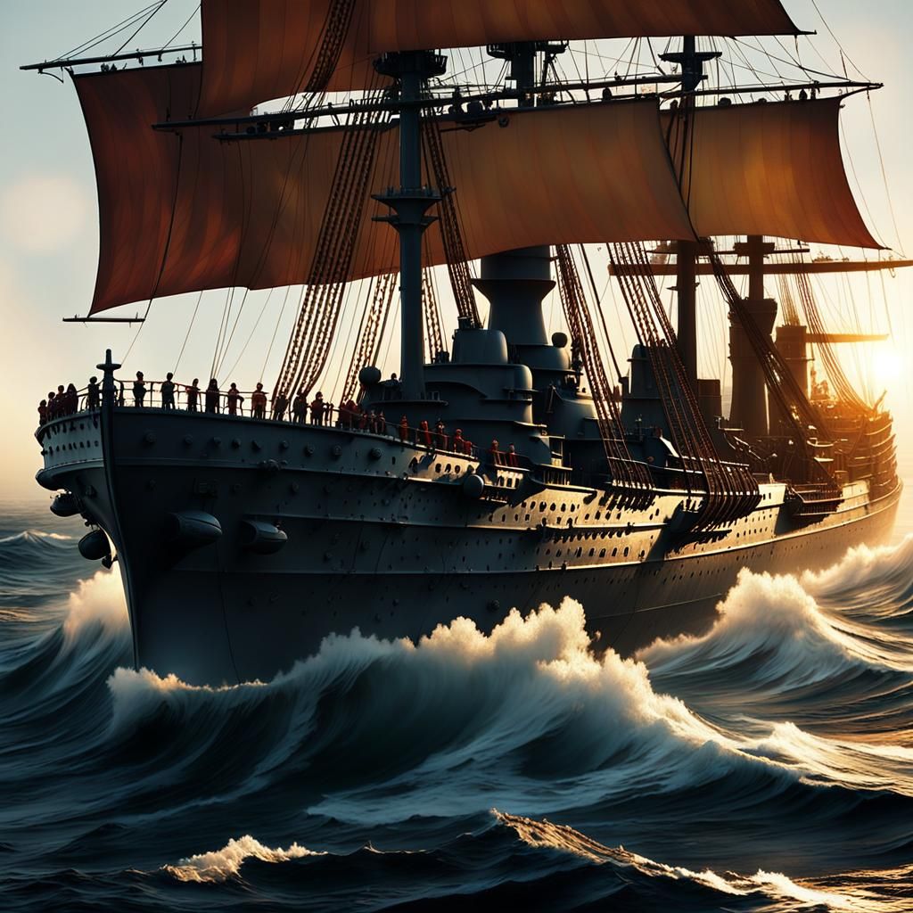 Spanish Battleship with Bronze Cannons in Golden Light