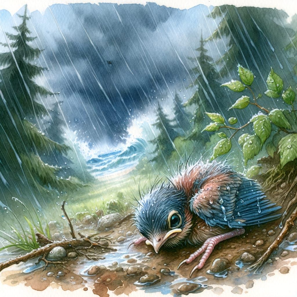 Helpless Baby Bird in Stormy Watercolor Forest